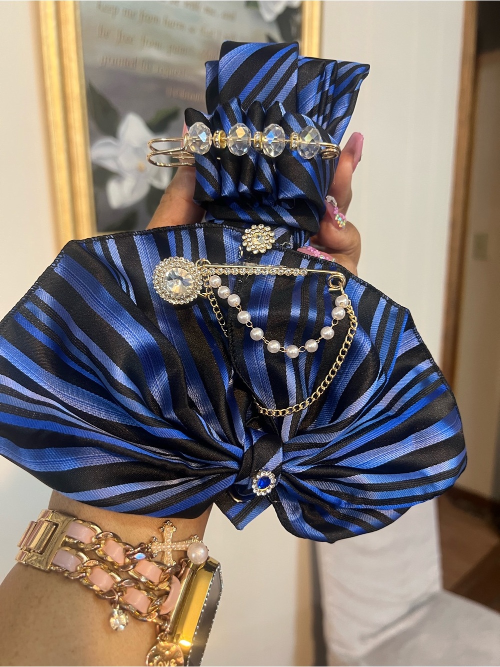 Blue and Black Striped Bow Hair Accessory with Pearl and Crystal Charms